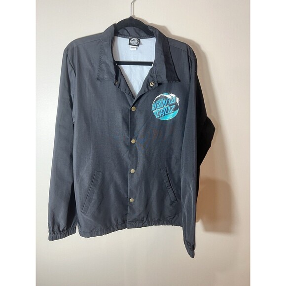 Santa Cruz Men’s Skateboard Windbreaker Rain Jacket Size Medium Black Blue Wave - Picture 1 of 10